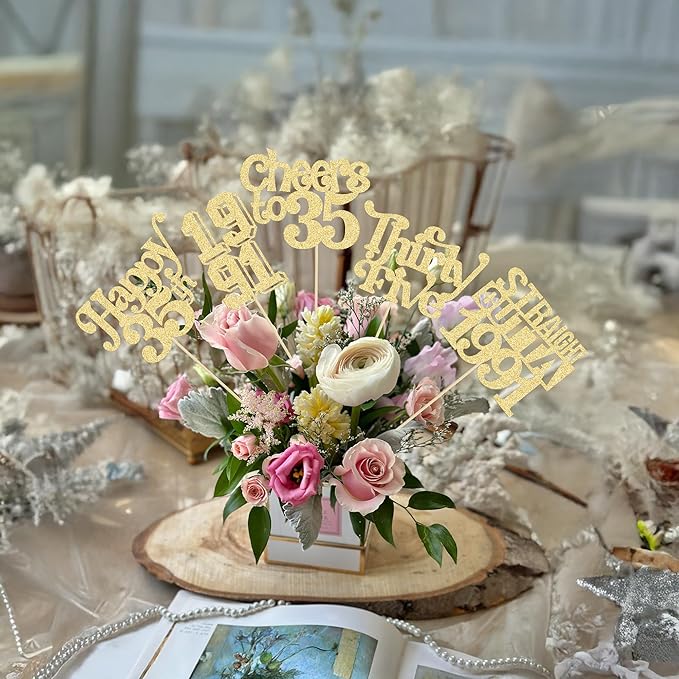 Gyufise 15Pcs Happy 35th Birthday Centerpiece Sticks Thirty Five Straight Outta 1991 Table Flower Centerpieces Sticks Cheers to 35 Decorations for 35th Birthday Party Supplies Gold