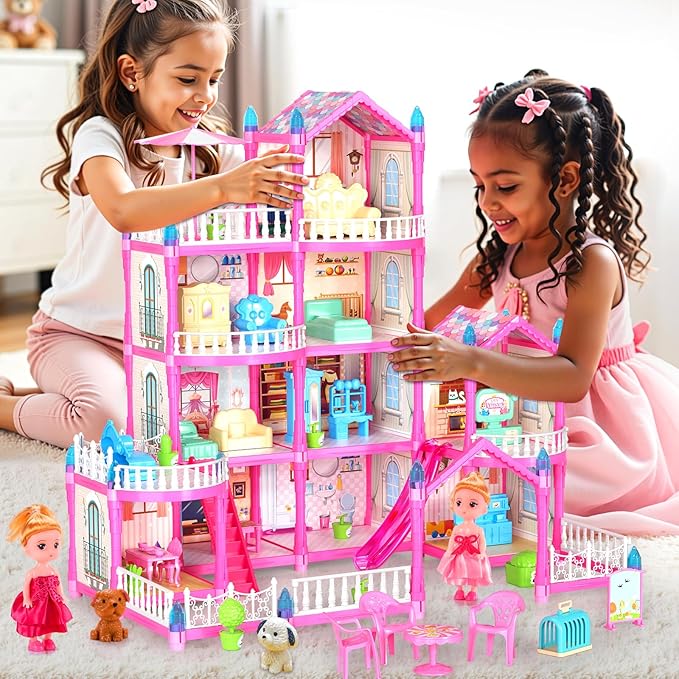 Doll House Toys for Girls, Dollhouse with Glow in The Dark, Kids Doll House Playset with 4-Story 14 Play Areas, 2 Dolls, Toy Dogs, Dollhouse Accessories and Furniture, Princess Toy Gifts