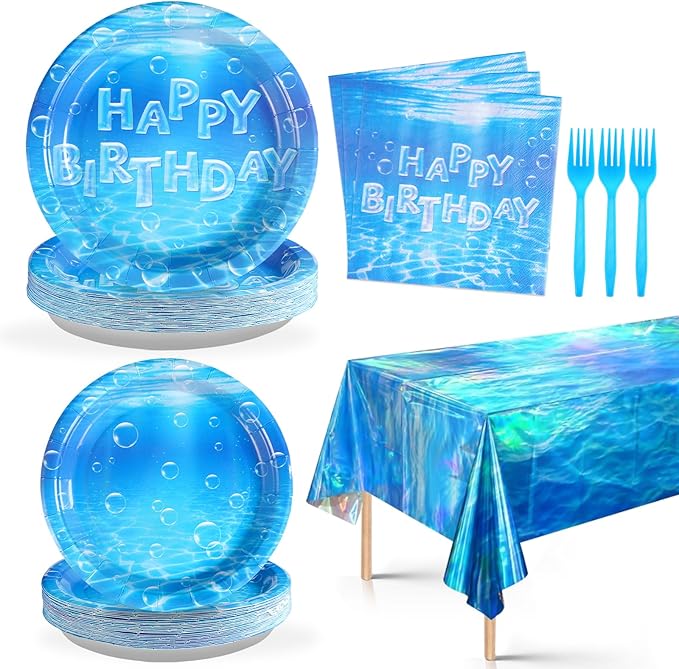 98 Pcs Ocean Themed Party Decor Birthday Ocean Bubble Plates Napkins Forks Tablecloths Disposable Ocean Blue Paper Tableware Set for Kids Boys Birthday Under the Sea Party Supplies Serves 24