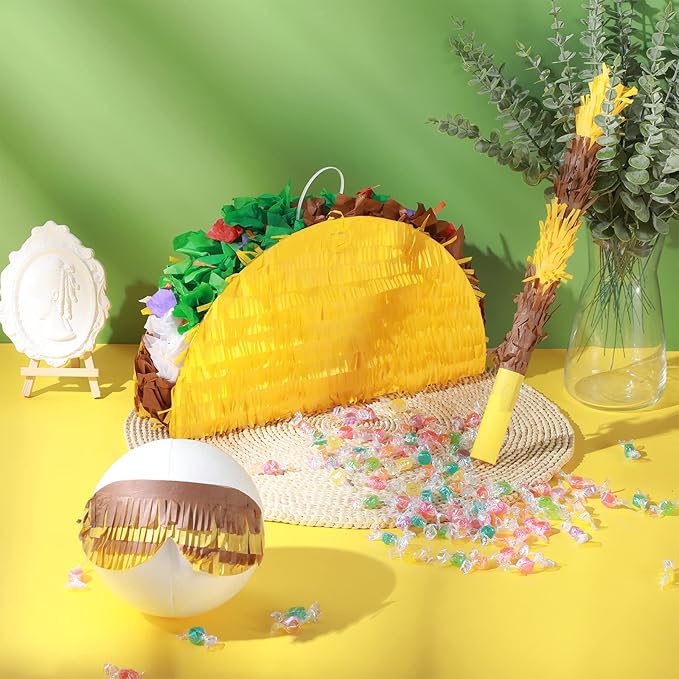 Sratte Taco Piñata Set Mexican Birthday Party Decorations Cinco De Mayo Fiesta Theme Taco Pinata with Plastic Stick and Blindfold for Mexican Themed Party Supplies Favors, 15 x 8 x 3 Inches