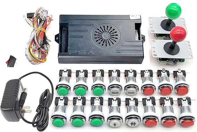 9800 in 1 Arcade Kit 3D Saga Box with Sliver LED Arcade Buttons Mame 5 Pin 8 Way Joystick Arcade DX Kit 4 Players Game for DIY Home Video Game (Red and Green)