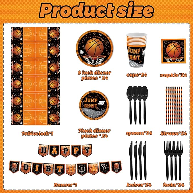 MEHOFOND 194pcs Basketball Party Plates and Napkins Set Birthday Party Decorations Sports Party Supplies Basketball Tableware with Tablecloth Banner for Boy Birthday Party Decor