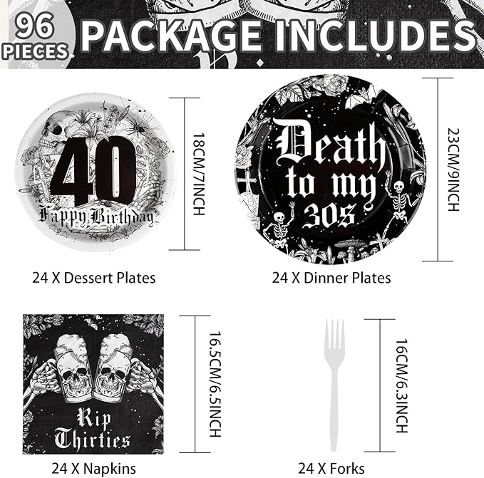 Grencian 96 Pcs Death To My 30s Birthday Decorations 40th Birthday Plates and Napkins Tableware Set Disposable Black Rip To My 30s birthday Party Supplies for Funeral for My Youth Serves 24