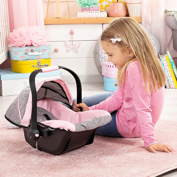 Bayer Design 67933AA Toy, Car Seat Easy Go for Neo Vario Pram with Cover, Doll Accessories, Pink, Grey with Butterfly,Grey/pink, for dolls up to 18"
