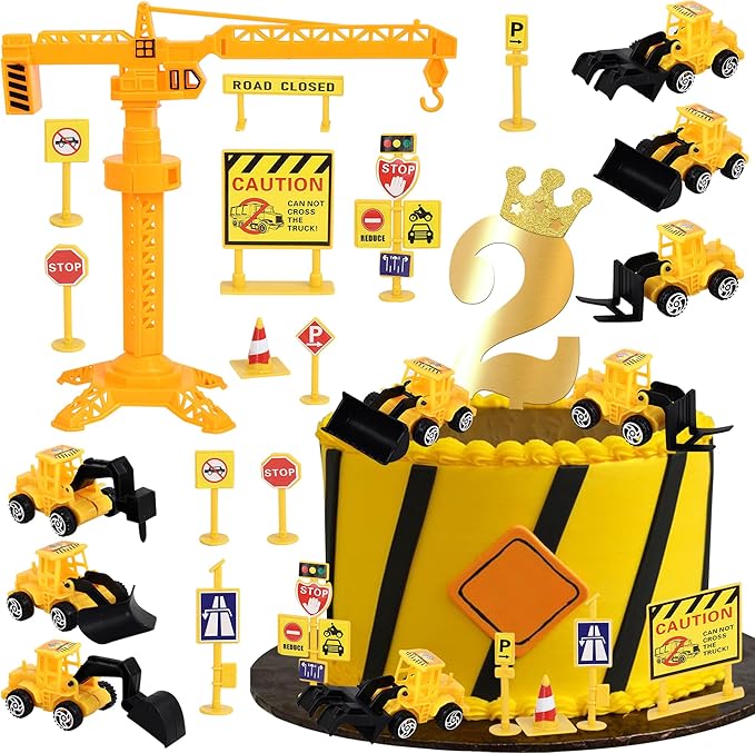 17 Pack Construction Vehicles Cake Toppers Set Road Sign Tower Digger Cupcake Toppers Acrylic Number 2 Cake Picks for Construction Theme Baby Shower Kids 2nd Birthday Party Cake Decorations Supplies