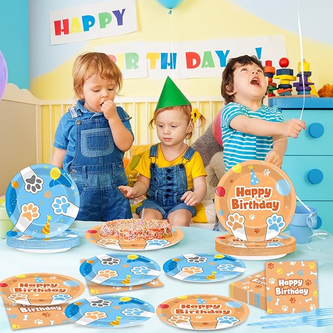 96Pcs Blue Dog Happy Birthday Party Supplies Cartoon Puppy Paper Plates and Napkins Disposable Paw Tableware Dinnerware Set for Kids Dogs Parties Decorations Favors Baby Shower Serve 24
