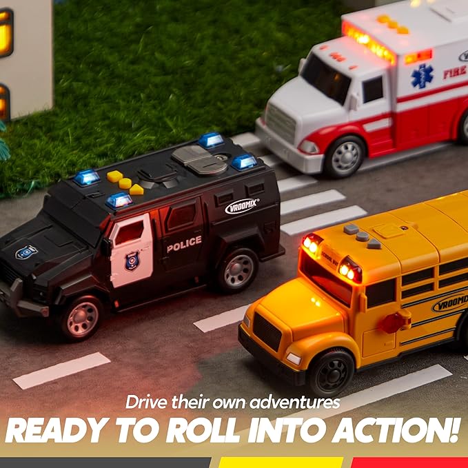 JOVA Emergency and School Vehicle Toy Set – Friction Powered Police Car, Ambulance, Bus with Lights and Sounds – Educational and Safe Toy for Kids, Birthday Gift Boys and Girls