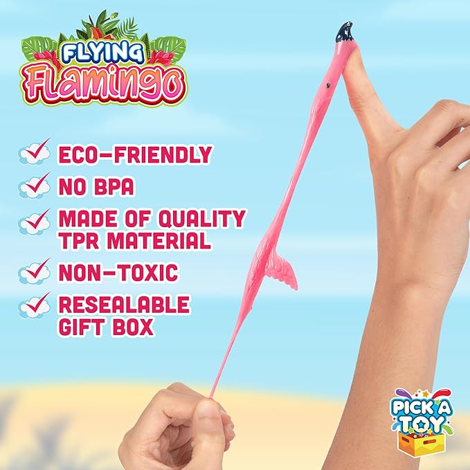 PICK A TOY 36 Pcs Flamingo Party Favors Toys for Kids, Bird Shooter Game Finger Flingers, Tropical Themed Decorations, Kids Prizes, Flying Rubber Chickens Slingshot, Easter Egg Filler