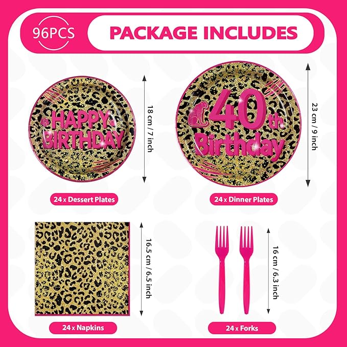 96Pcs Cheetah Print 40th Birthday Party Supplies Pink Animal Leopard Print Plates and Napkins Leopard Happy 40th Birthday Tableware Set for Girls Safari Animal Party Decorations Serves 24