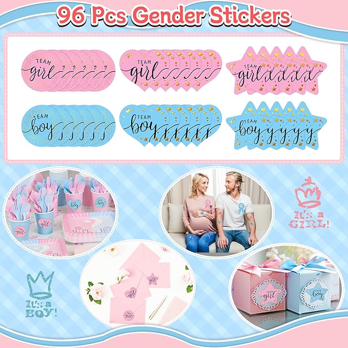 Bluegogo 202 Pcs Baby Gender Reveal Party Supplies Favors Boy or Girl, Gender Reveal Ideas Gender Reveal Games Supplies, Baby Gender Reveal Bracelets, Team Boy Girl Button Pins