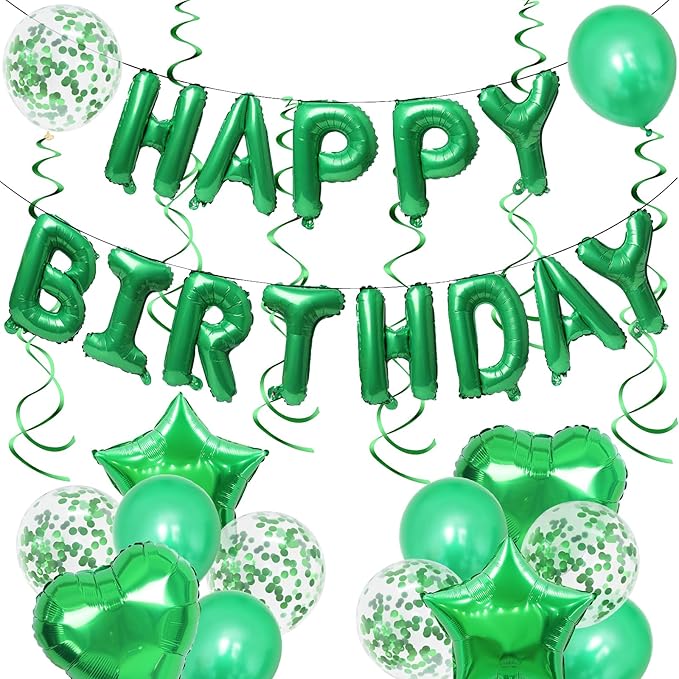 ZHENGYE Green Birthday Party Decorations Set Happy Birthday Balloons Banner Hanging Swirls Star Heart-shaped Latex Balloon for Women Men Children Birthday Party Decorations
