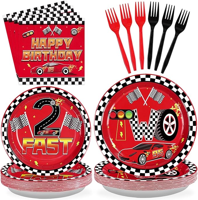 Grencian 96Pcs Race Car Two Fast Decorations 2nd Birthday Party Plates and Napkins Racing Themed Disposable Tableware Set for 2 years old Boys Transportation Birthday Party Serve 24