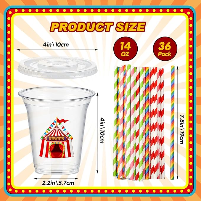 Boao 36 Sets Circus Carnival Cups with Lids and Paper Straws 14 oz Circus Carnival Birthday Party Supplies Favors Disposable Clear Plastic Cups Bulk