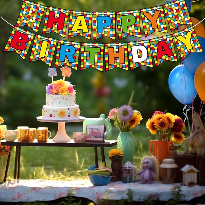 Colorful Cube Birthday Banner Plaid Block Puzzle Game Themed Decor with Colorful Letters for Kids Boys Girls Birthday Party Baby Shower Favors Decorations Supplies BECKTEN