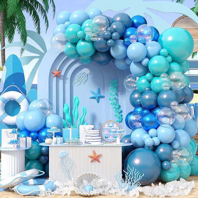 Ocean Themed Party Balloons Arch Kit, Turquoise Blue Teal Clear Metallic Balloons for Kids Ocean Sea Themed Pool Party Baby Shower Birthday Beach Party Decorations