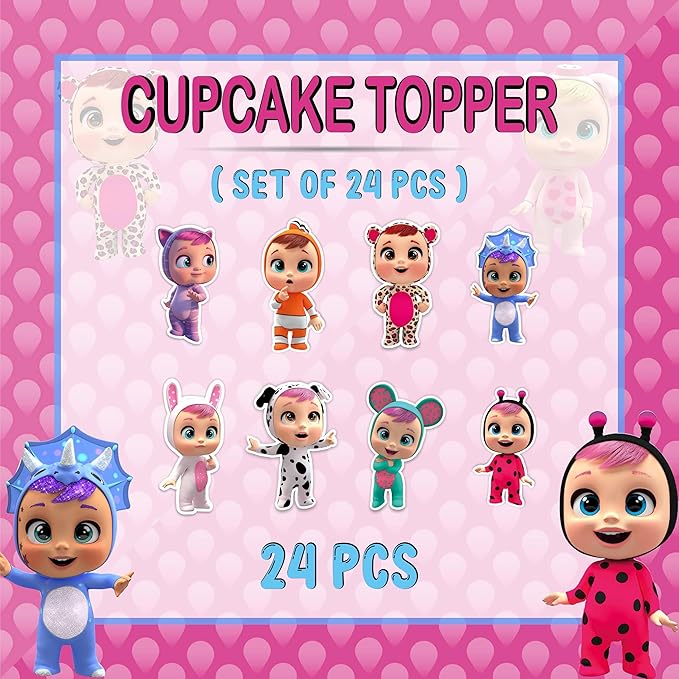 "Cri Babes Cupcake Topper – Cute Cartoon Baby Doll Theme Birthday Party Cupcake Picks – Adorable Cupcake Decorations for Birthday Celebrations, Baby Showers, and Themed Party Dessert Tables"