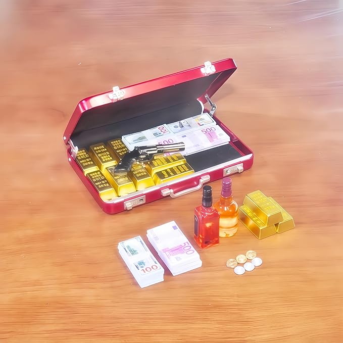 1:6 Scale Miniature Briefcase Set - Includes Fake Gold Bars, Bundles of $100 Mini Dollar Bills, Vintage Coins and Mini Weapons - Unique Adult NoveltyToy & Dollhouse Accessories (Red)