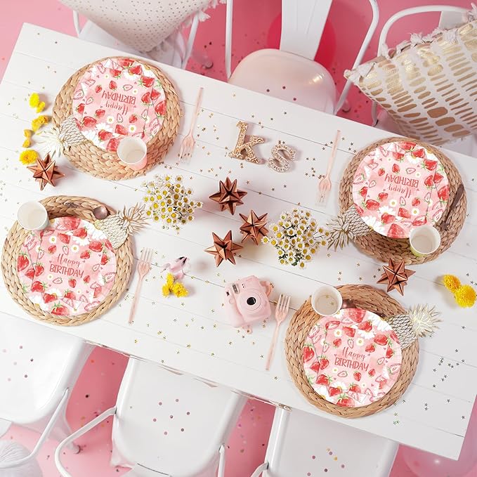 96Pcs Strawberry Paper Plates &Napkins Party Supplies-Disposable Strawberry Birthday Party Sweet Baby Shower Pink Fruit Tableware Decoration for Girls Berry Baby Decorations Favors Serves 24