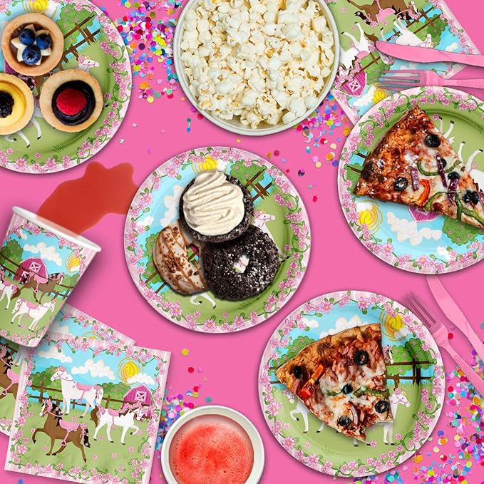 Lovely Pink Horse Birthday Party Supplies Set Plates Napkins Cups Tableware Kit for 16