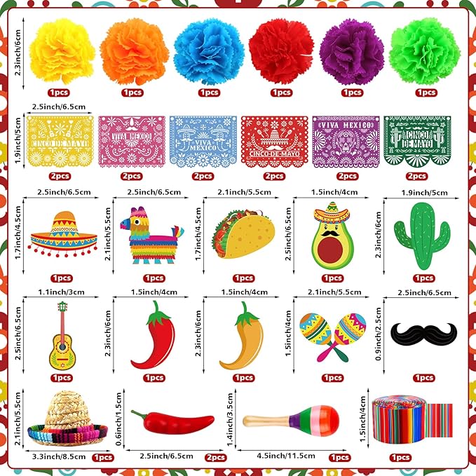 Hooqict 33Pcs Fiesta Cake Decorations Set with Mini Papel Picado Banner, Serape Ribbon, Cactus, Taco and Flower Mexican Cake Toppers & Cupcake Toppers for Cinco de Mayo Mexican Theme Party Decorations