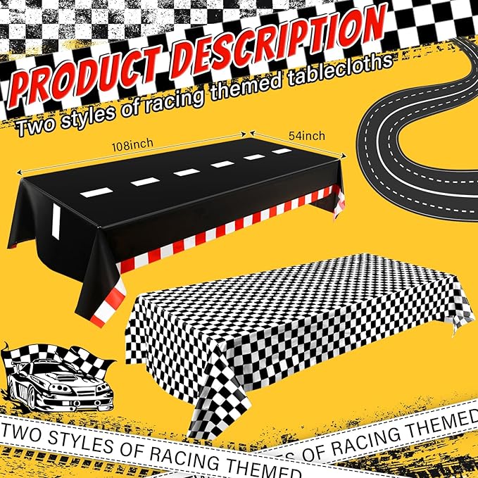 Breling 4 Packs Car Birthday Party Decorations Plastic Car Table Cloth Two Fast Disposable Race Road Checkered Party Supplies Race Theme Party Favors for Birthday, 54 x 108 Inch