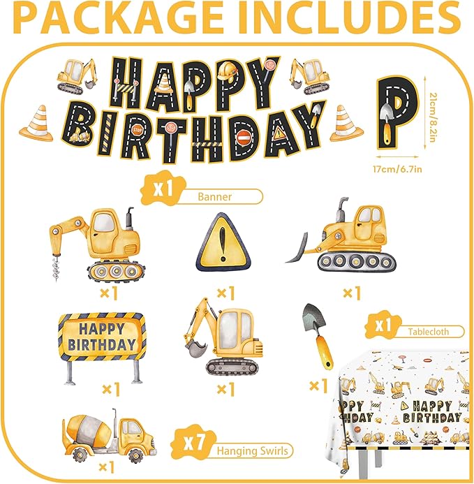 201pcs Construction 2nd Birthday Party Decorations 2nd Plates Napkins Tableware Set Disposable Paper Cup Banner Hanging Swirl Tablecloth for Boys Construction Two Years Old Party Supplies Serves 24
