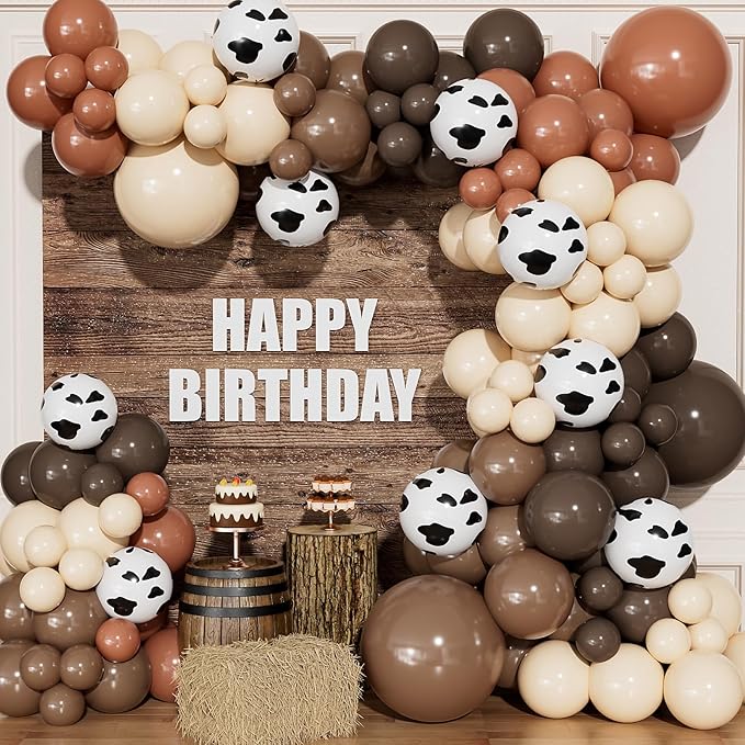Western Cow Print Balloon Arch Kit, 134 Pcs Brown Beige Coffee and Cow Print Balloons, for Cowboy Birthday, Baby Shower, Western Farm Theme Party Backdrop Decorations
