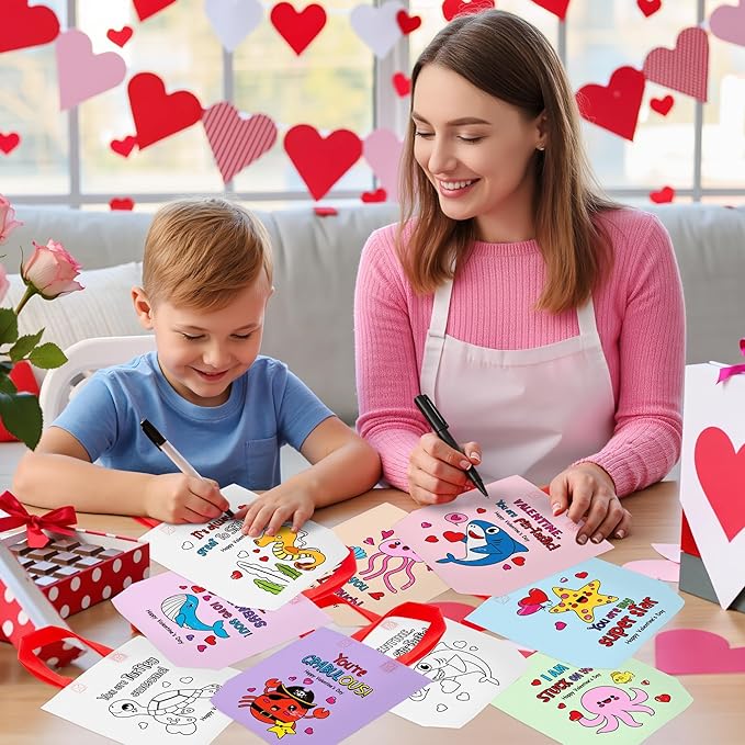 Valentine's Day Coloring Goodie Bag for Kids - 24Pcs Ocean Animal Bulk Color Your Own Gift Bag with Handle Ocean Theme Reusable Coloring Non Woven Tote Bag for Valentine Party DIY Painting Craft Favor