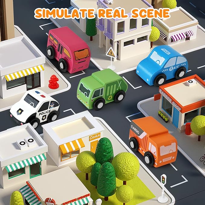Toddler Car Toys, Toy Cars for Toddlers, Wooden Cars Toys for Toddler Boy, 22 PCS Cars and Trucks Toy Vehicles Set with Playmat, Storage Box, Wood Montessori Toys for Baby Birthday Gift