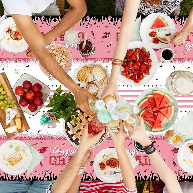 chiazllta Set of 3 Graduation Tablecloths Class of 2025 Congrats Grad Pink Graduation Party Tablecover Decorations Party Supplies Large Size Plastic 54"x108"(Pink & Gold)
