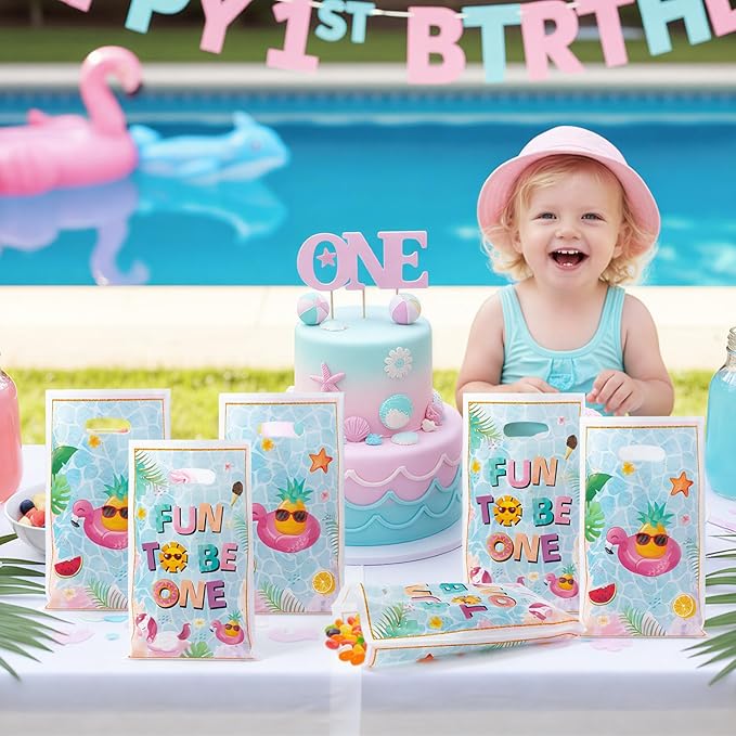 50Pcs Summer Pool Party Favor Bag Watercolor Pool Fun to Be One Goodie Treat Candy Gift Bag Summer Beach 1st Birthday Party Decor for Baby Boy Girl First Birthday Hawaii Beach Swimming Events Supplies