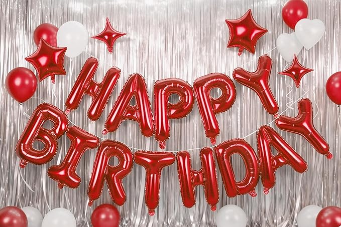 Red Happy Birthday Banner Balloon Aluminum Foil 16 Inch Letter,10 Inch Five Pointed Star Four Pointed Star Suitable for Kids, Men, Women, Boys and Girls Party Decoration Supplies
