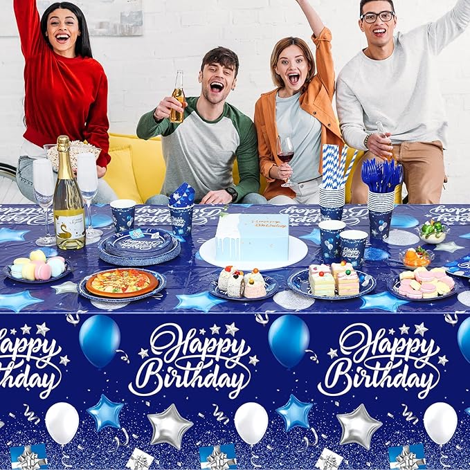 Norme 176 Pcs Navy Blue and Silver Birthday Tableware Set Birthday Decoration Includes Tablecloth Paper Plates Napkins Paper Cups Forks Knifes and Straws for 25 Guests Party Supplies (Classic)