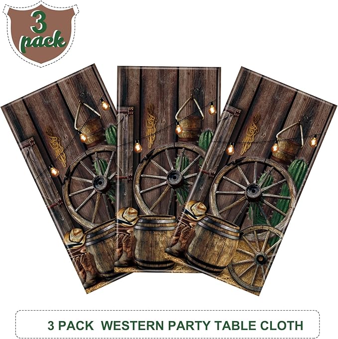 Tiamon 3 Pcs Western Party Tablecloth Western Cowboy Party Table Cover Cowboy Theme Plastic Tablecloth Wild West Wooden House Table Cover for Birthday Supplies