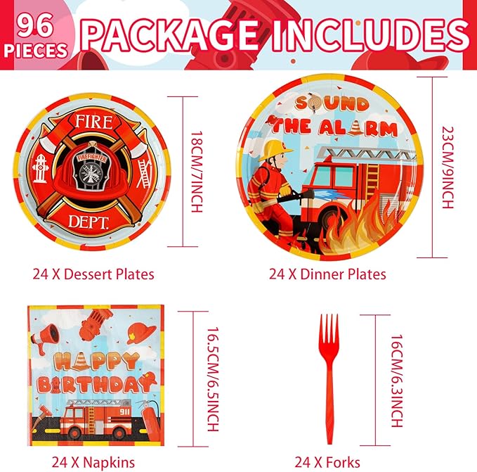 Grencian 96Pcs Firefighter Birthday Party Decorations Fire Truck Party Plates Disposable Firetruck Birthday Paper Tableware Set for Kids Fireman Fire Truck Supplies, Serves 24