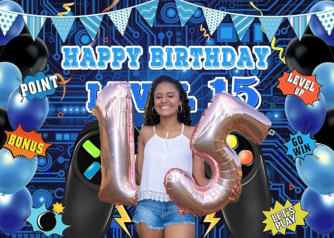 Game Theme Level 15 Birthday Backdrop Video Game Happy 15th Birthday Party Decorations Level Up Theme Boys Kids Birthday Party Supplies(7×5FT)