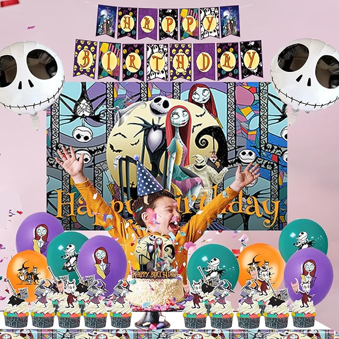Birthday Party Decorations, Magical Wizard Pirate Halloween Horror Night Themed Party Supplies - Happy Birthday Banner, Balloons, Backdrop, Tablecloth, Cake Inserts Set-Gold