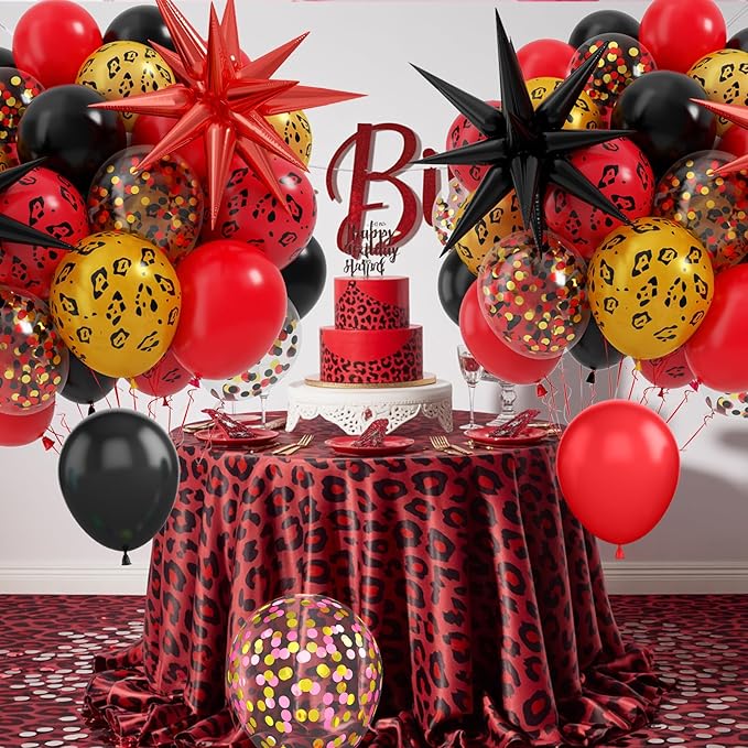 Cheetah Print Balloon, 12 Inch Black Red Gold Balloons with Leopard Print Balloons Confetti Star Foil Balloon Leopard Jungle Animal Decorations for Cheetah Theme Birthday Cherry Vintage Party Supplies