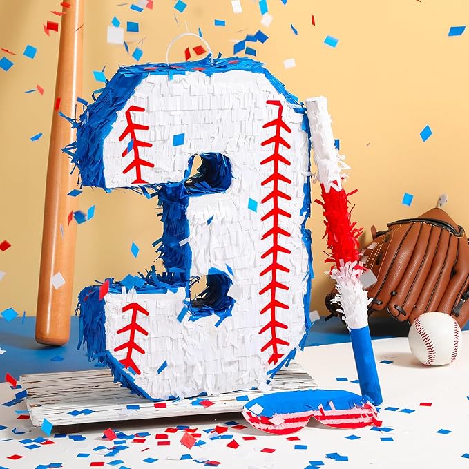 HyDren Baseball Piñata Baseball Party Decorations Number Piñata with Bat, Blindfold and Confetti, 16 Inch Sports Themed Birthday Party Supplies for Celebration Events(Number 3)
