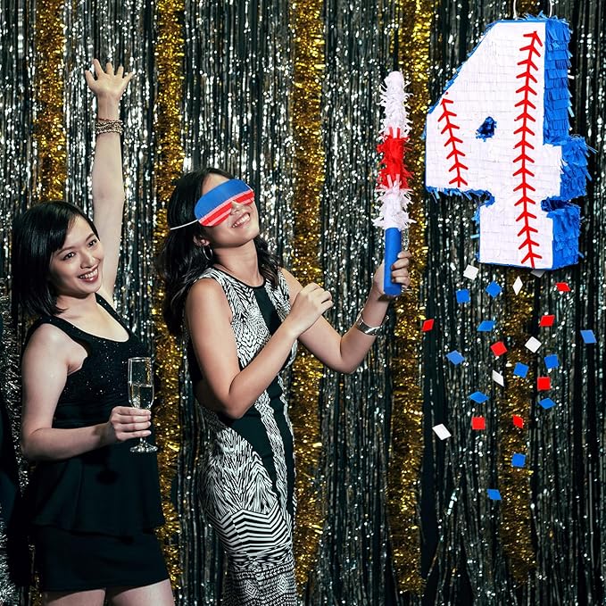HyDren Baseball Piñata Baseball Party Decorations Number Piñata with Bat, Blindfold and Confetti, 16 Inch Sports Themed Birthday Party Supplies for Celebration Events(Number 4)