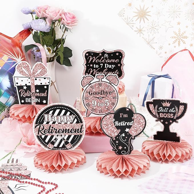 10 Pcs Retirement Party Decorations, Retirement Table Decorations for Women Rose Gold Happy Retirement Decorations Table Honeycomb Centerpieces