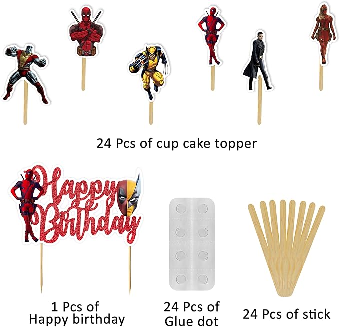 Dedpol Theme Birthday Party Supplies – Bold and Hilarious Comic-Inspired Party Decorations Set with Banner, Cupcake Toppers, Wrappers, Cake Topper – Funny Action Hero Style for Boys, Teens & Adults