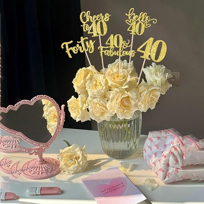 15PCS Happy 40th Birthday Centerpiece Sticks Hello 40 Fabulous Table Flower Centerpieces Sticks Forty Cheers to 40 Years Floral Decoration for Happy 40th Birthday Party Centerpieces Sticks Gold