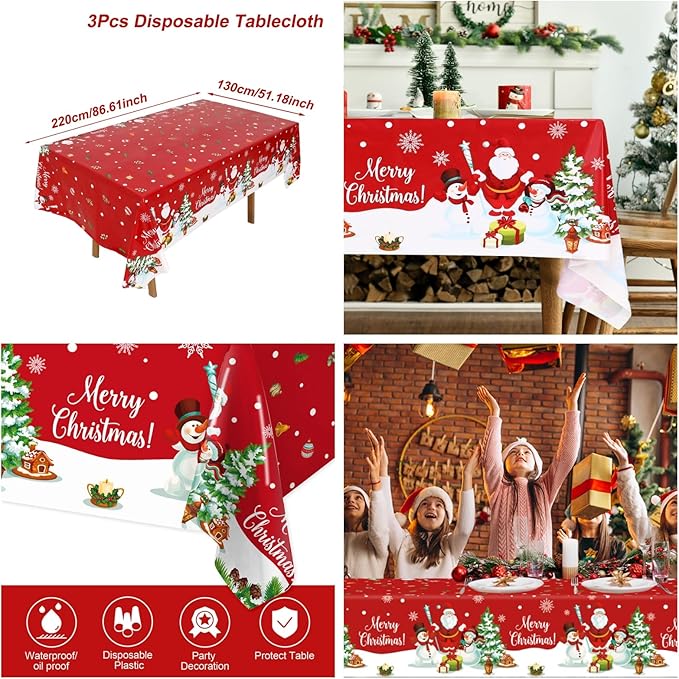 Staraise 3PCS Christmas Tablecloth, Red Rectangular Plastic Christmas Tablecloth, Winter Snowflake Snowman and Santa Claus Disposable Table Cover for Party Picnic Dinner Decor, 51.2X 86.6inch