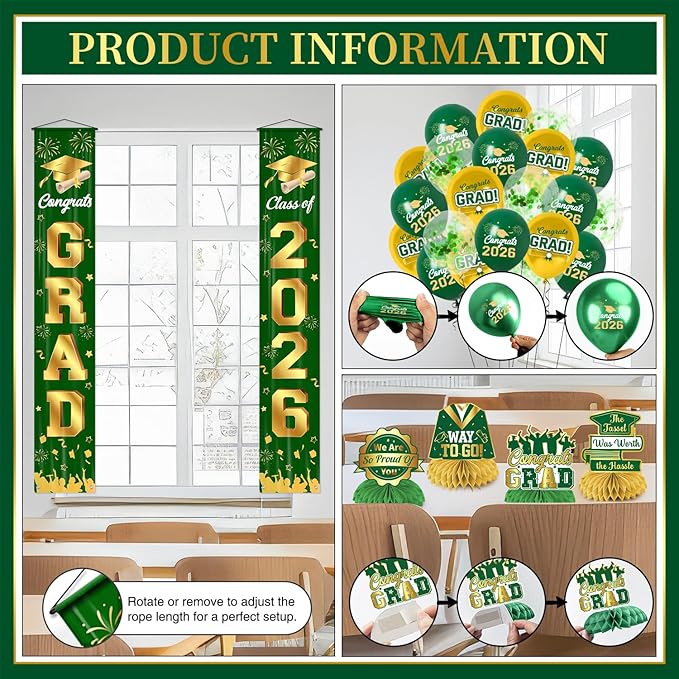 Graduation Decorations Class of 2026 Green and Gold Graduation Party Decor Set include Congrats Grad Banner Backdrop Class of 2026 Balloons Party Supplies
