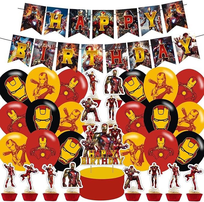 𝓘𝓻𝓸𝓷 𝓜𝓪𝓷 Birthday Party Decorations,Iron Hero Party Supplies Includes Cartoon Iron Hero Birthday Banner Balloons Cupcake Toppers Cake Topper Party Favors