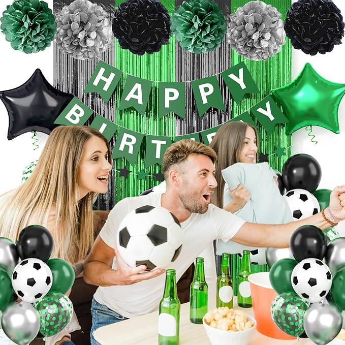 Soccer Party Decorations,Soccer Sports Theme Birthday Decorations,Include Green Black Party Balloons Happy Birthday Banner Fringe Curtain Tissue Paper Pompoms Garland