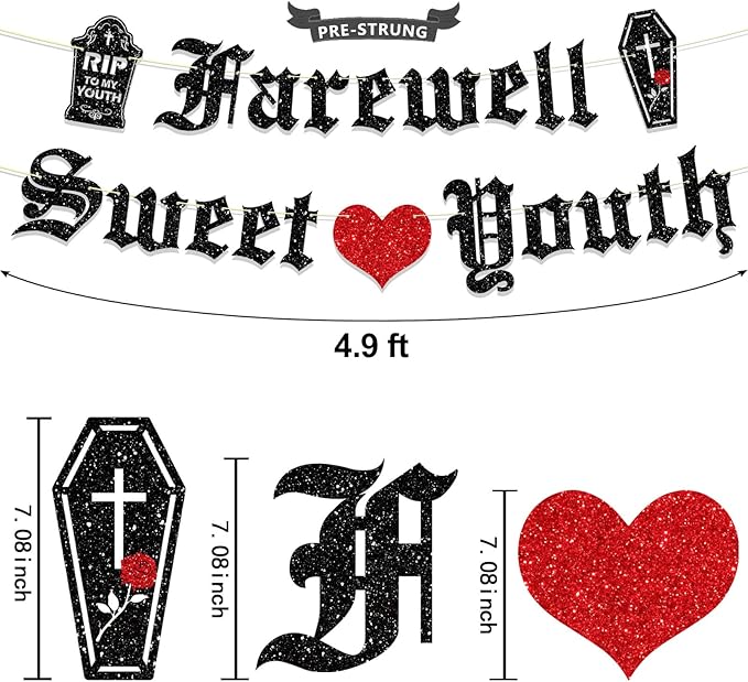 Pre-Strung Gothic Birthday Decorations, NO DIY Glitter Farewell Sweet Youth Banner, Old English Goth Funeral Themed Party Supplies