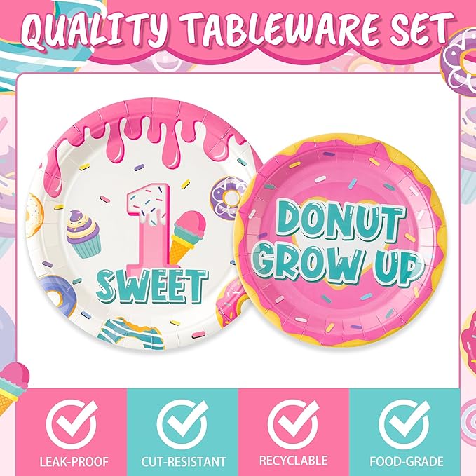 Donut Tableware Party Supplies - 96Pcs Sweet One Tableware Decorations Donut Grow Up Desserts Themed Disposable Paper Plates Napkins Forks for Kids Girl 1st Birthday Baby Shower Serve 24