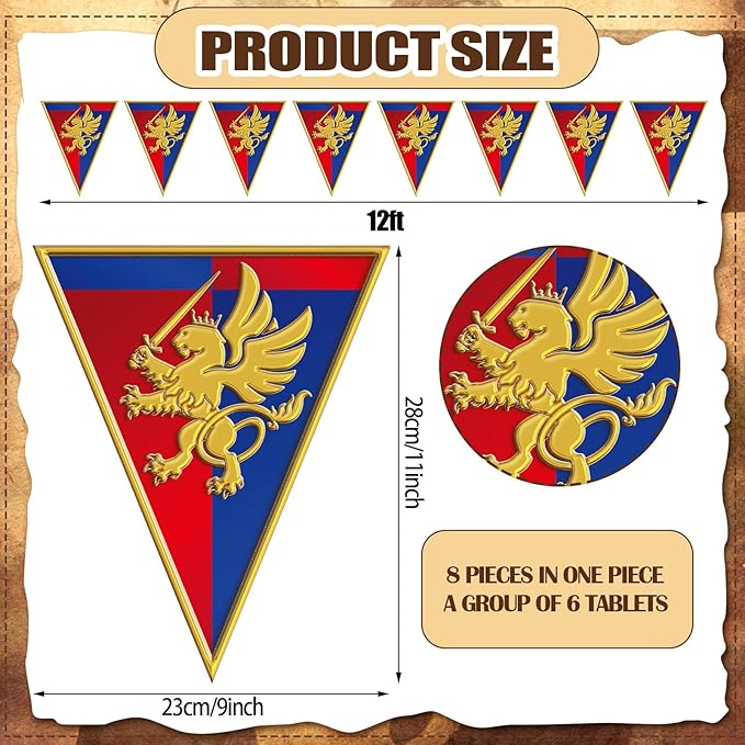 6 Pcs 72 ft Medieval Fantasy Pennant Banner with Lion Design Medieval Party Decorations Hanging Party Bunting Banner Garden Triangle Flag for Castle Theme Festival Birthday Decor